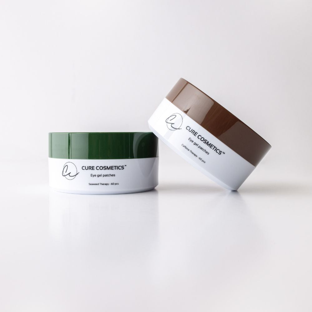Seaweed Therapy og Caffeine Therapy øyemasker fra Cure Cosmetics – hydrogel eye patches som reduserer poser, mørke ringer og gir huden under øynene glød.